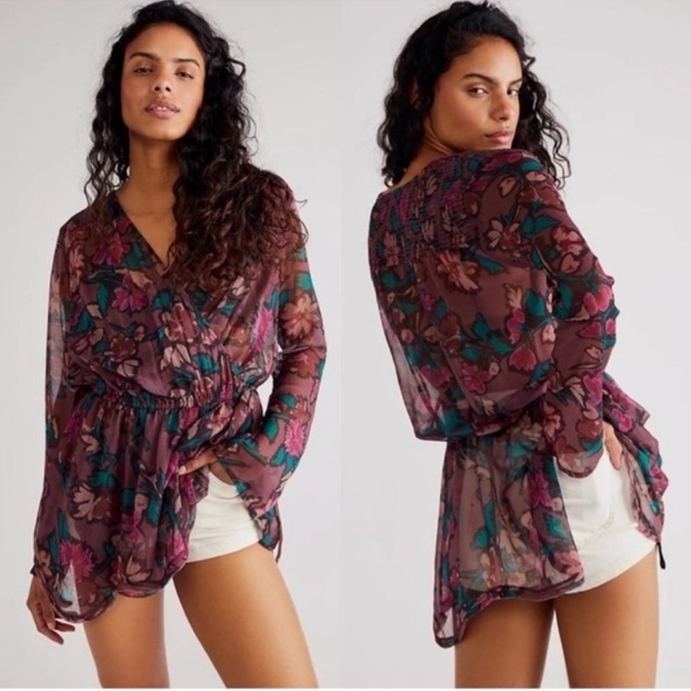 Free People Flume Printed Asymmetrical Floral Sheer Wrap‎  Tunic Medium